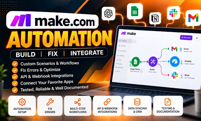 build, fix and setup make com automation, make com scenario, make automation