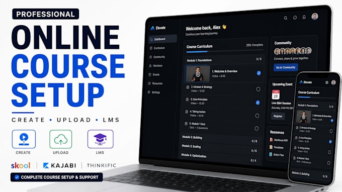create and setup online course, skool community and lms