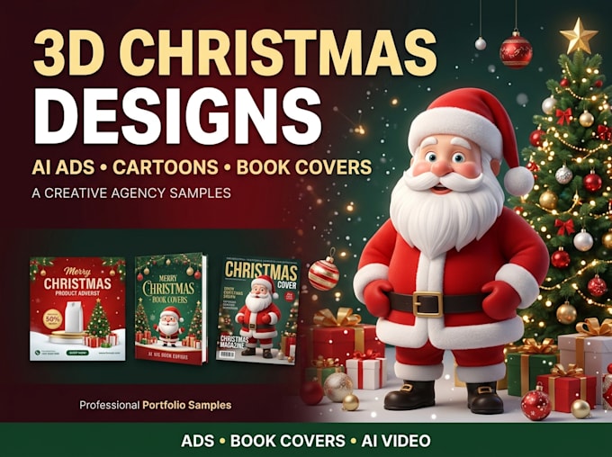 create 3d christmas cartoons, ai ads, and book covers