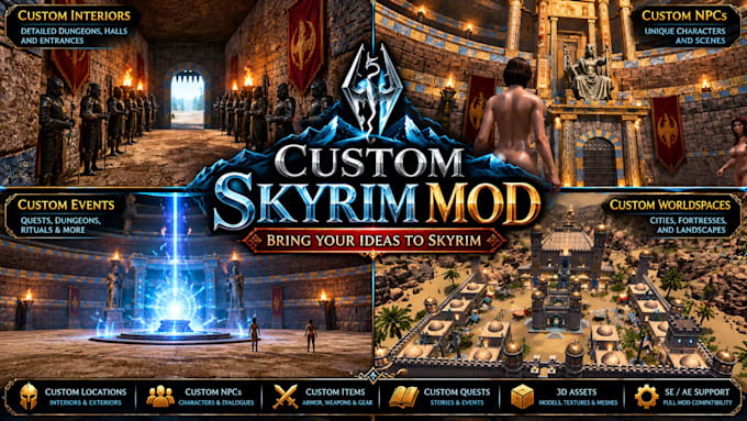create detailed skyrim characters, custom armor, weapons and mods for se and ae