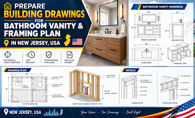 draw building drawings for bathroom vanity, framing plan in new jersey USA
