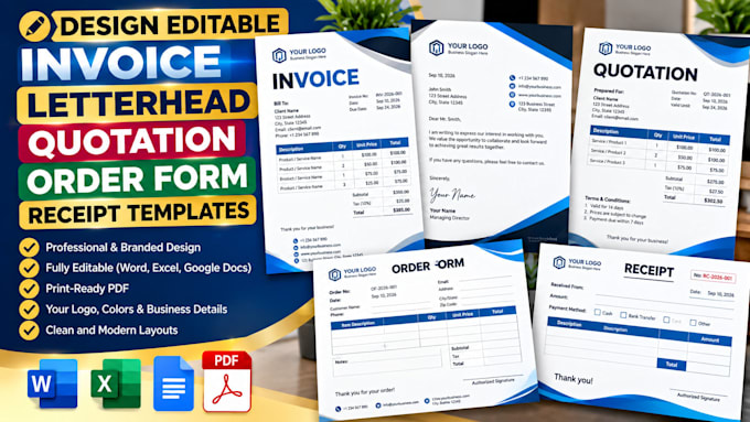 design editable invoice, letterhead, quotation, order form and receipt templates