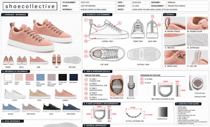 create footwear tech pack footwear design and sneaker model for manufacturing
