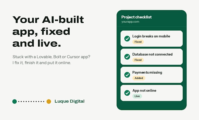fix, finish and deploy your lovable, bolt or cursor app