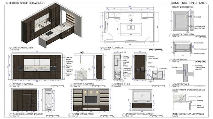 create shop drawings, kitchen drawings, sections, elevations for interior design