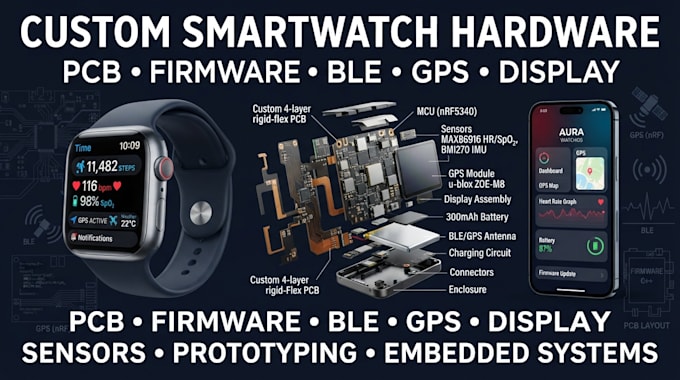 design custom smartwatch hardware, pcb, firmware, ble, gps, display, sensors