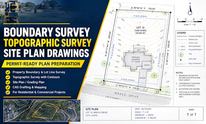 create boundary survey, topographic survey and site plan for permit approval