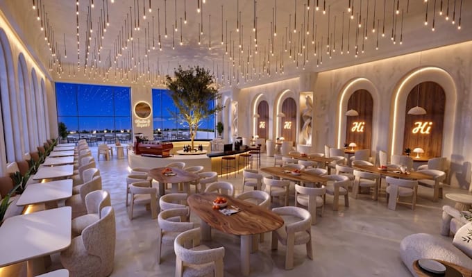 3dcommercial space,restaurant interior,lobby design,coffee room nightmood render