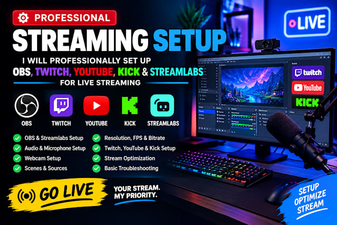 set up obs, twitch, youtube, kick and streamlabs for live streaming