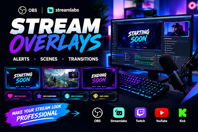 setup your professioonal stream overlays , alerts, scen es and transition