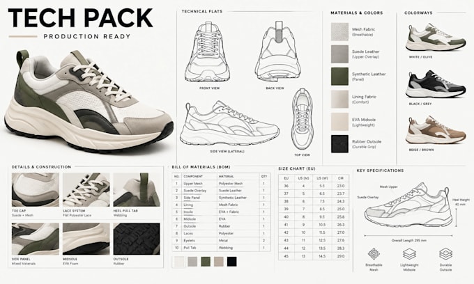 create sneaker tech pack, shoe tech pack, sandal, boots design for manufacturing