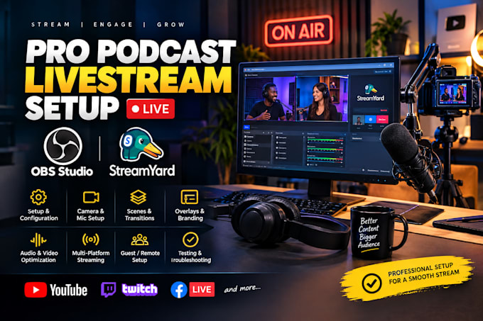 setup your professional podcast livestream with obs or streamyard