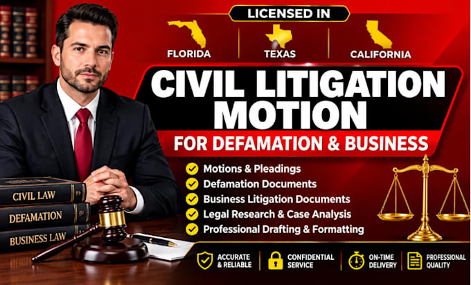 licensed florida texas califonia civil litigation motion for defamation business