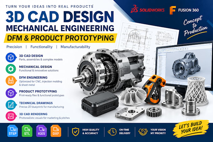 do 3d cad design, mechanical engineering, dfm, and product prototyping
