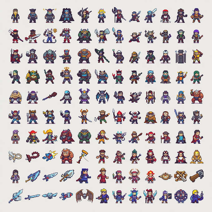 create pixel art game sprites, 2d game assets, sprite sheets and character game