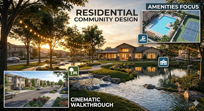 render animate masterplan, 3d site urban plan subdivision, residential community