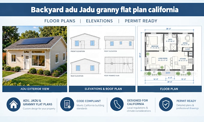 design a backyard adu jadu or granny flat plan for california
