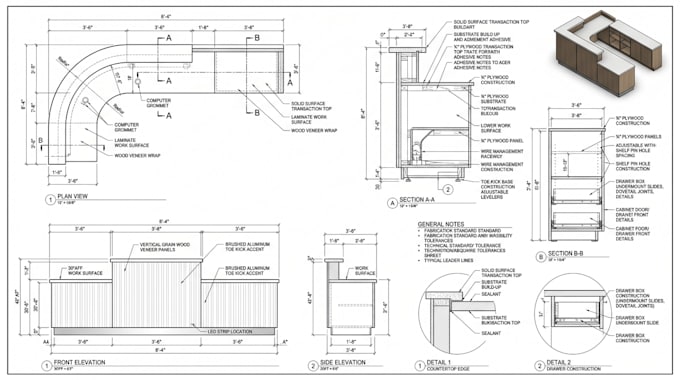 create reception desk, bar, restaurant millwork and casework drawings