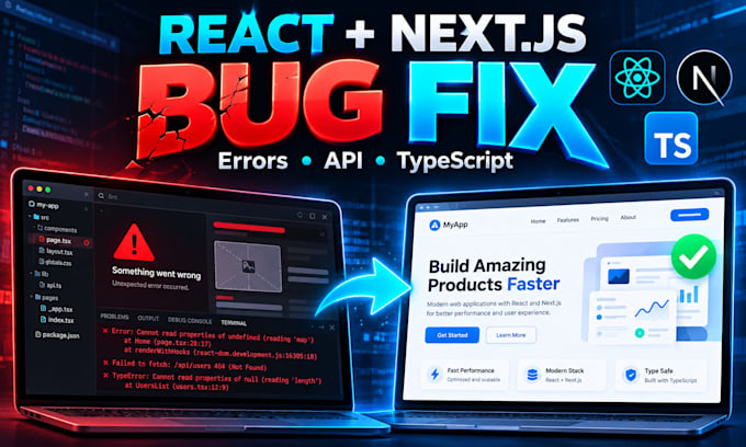fix react next js typescript bugs errors and api issues