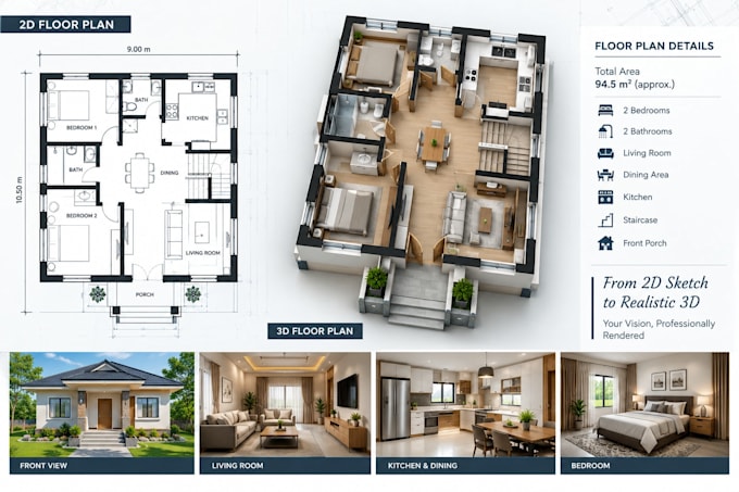 create 3d floor plan from 2d house drawing with realistic architecture rendering