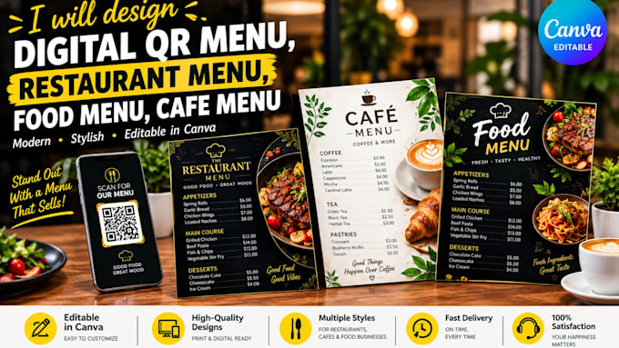 design digital qr menu, restaurant menu, cafe menu, food menu
