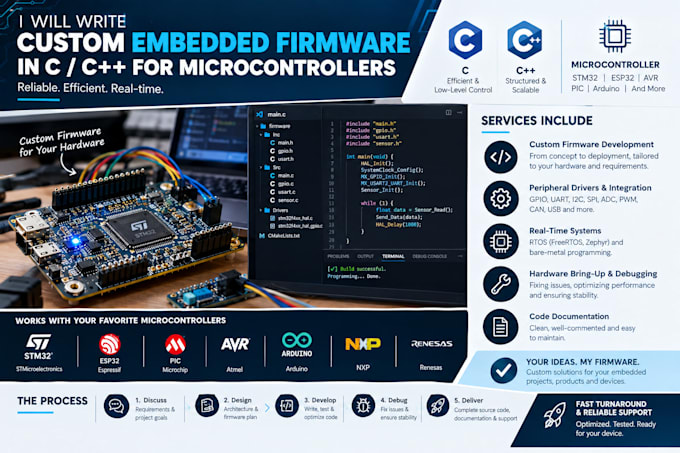 write custom embedded firmware in c cpp for microcontrollers