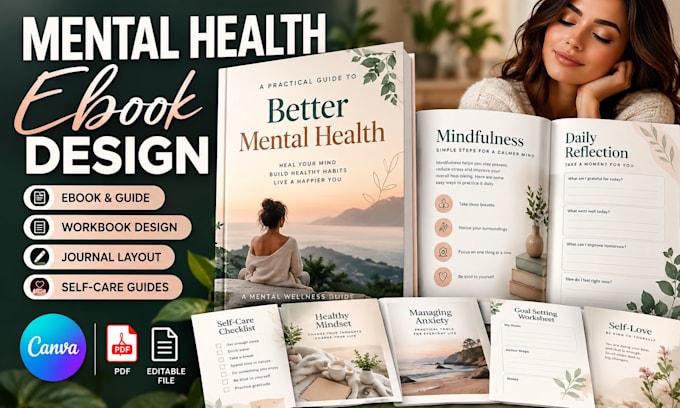 mental health ebook design, canva ebook, self help guide and PDF layout