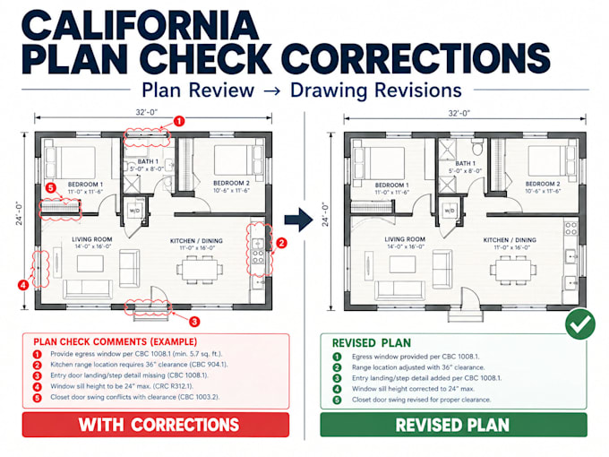 fix california plan check corrections, revise city permit drawings