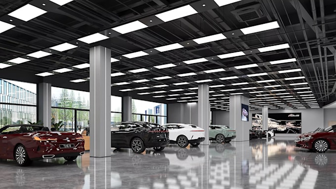 create a luxury 3d car dealership or auto showroom interior and exterior render