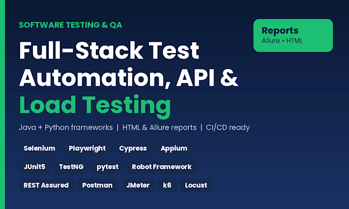 do test automation, API and load testing with java, python and reports
