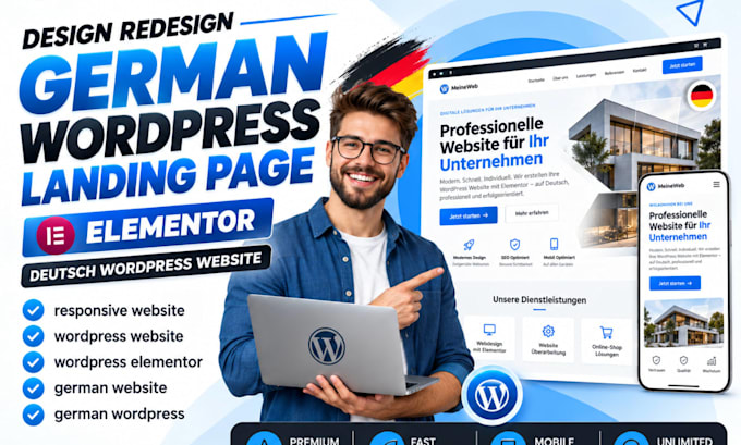 design redesign german wordpress, deutsch wordpress landing page, elementor