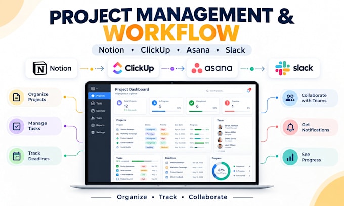 create a notion,clickup, asana, slack project management dashboard