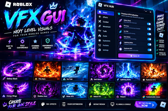 design roblox UI, gui, vfx and script your game