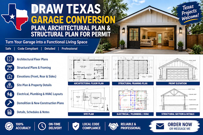 draw texas garage conversion plan, architectural plan structural plan for permit