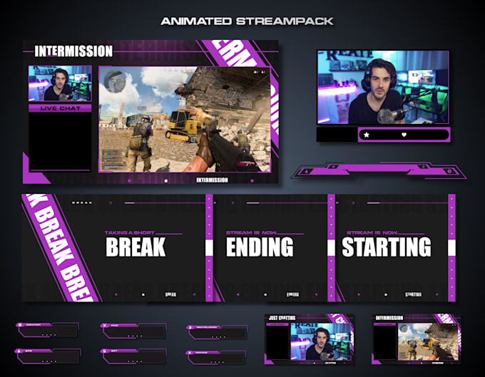 design animated twitch overlay, stream overlay and stream package
