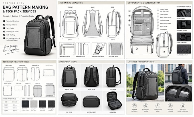 be your digital handbag, backpack sewing pattern tech pack, and totes bag