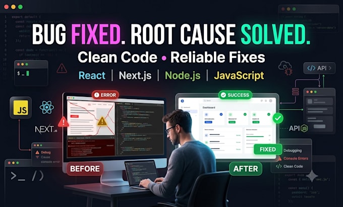fix bugs and issues in javascript, react, node js and next js