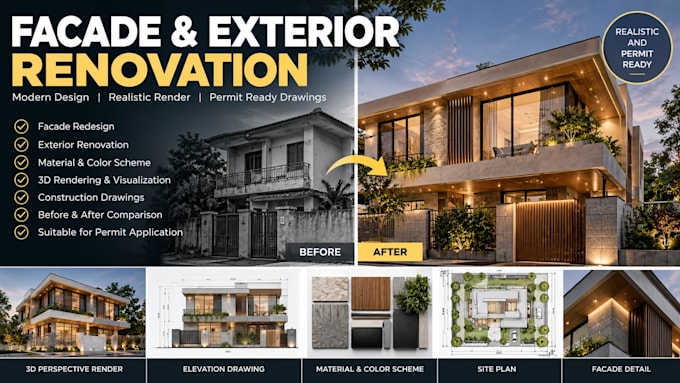 do realistic 3d exterior design and facade renovation