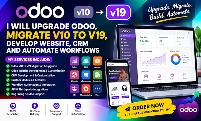 migrate upgrade odoo version v10 to v19 develop website crm automate workflow