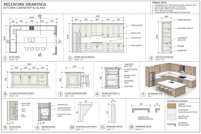 create millwork, kitchen, cabinetry and joinery shop drawings