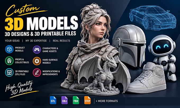 create custom 3d models, 3d designs and 3d printable files
