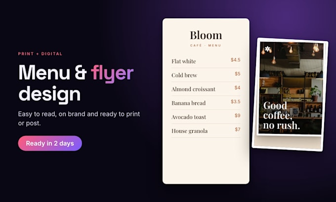 design a modern restaurant menu or cafe menu and flyer