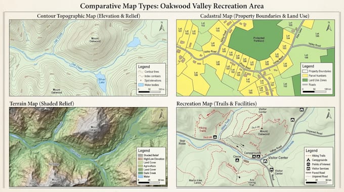 do detailed recreation, cadastral, terrain, elevation, contour topographic maps