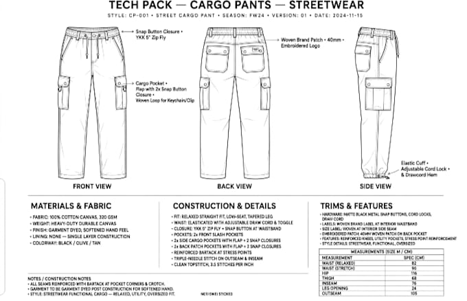 create streetwear tech pack and garment tech pack