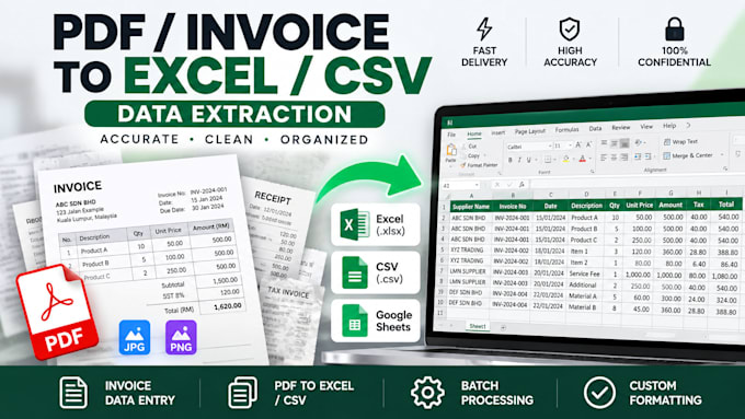 extract invoice and PDF data into excel or CSV
