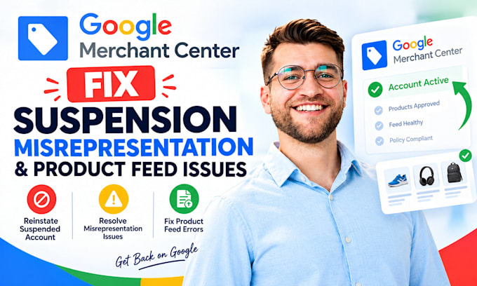 fix google merchant center suspension, misrepresentation, and product feed issue
