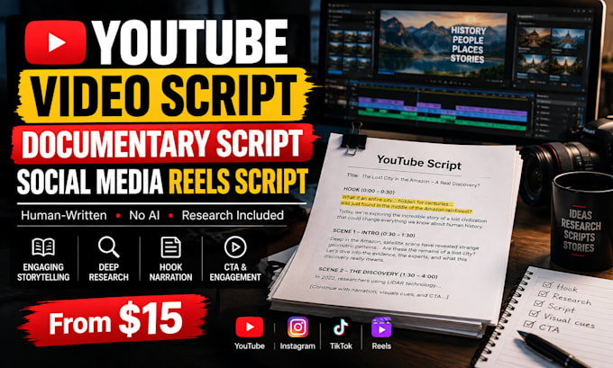 write youtube video script, documentary script, social media reels video script