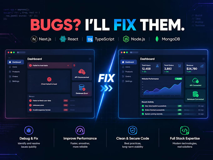 fix next js, react, typescript, node js and mongodb bugs