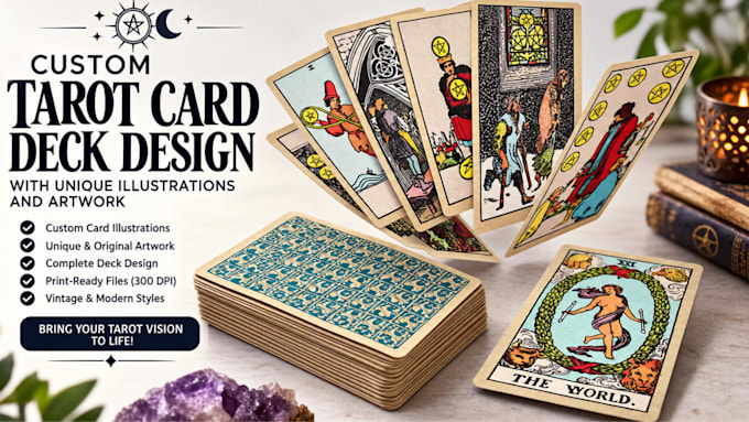 create custom tarot card deck design with unique illustrations and artwork