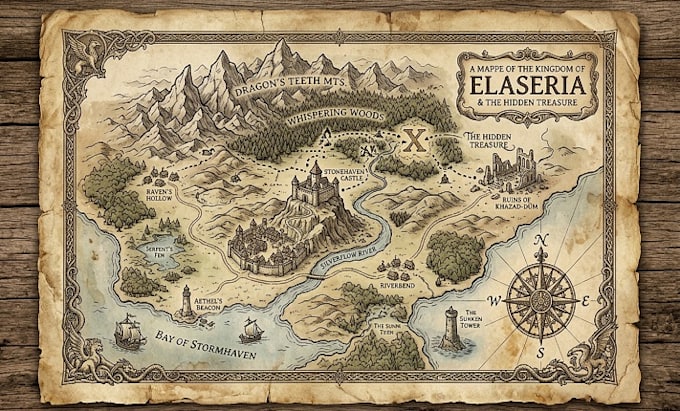 design a custom illustrated treasure map medieval fantasy map